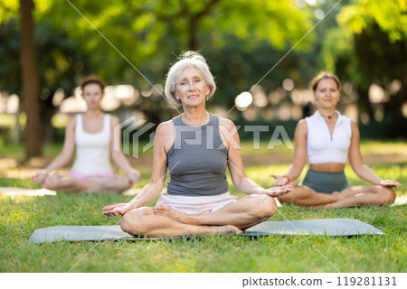 Happy slim mature woman making yoga meditation in lotus pose with group in green park at daytime Happy slim mature woman making yoga meditation in lotus pose with group in green park at daytime 119281131
