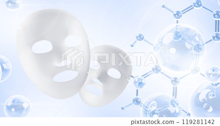 3d face mask sheet with dna structure, water molecule, collagen drop on blue background render. White fabric facial mask with liquid cosmetic skin care sphere, gel or moisture essence. 3D illustration 119281142