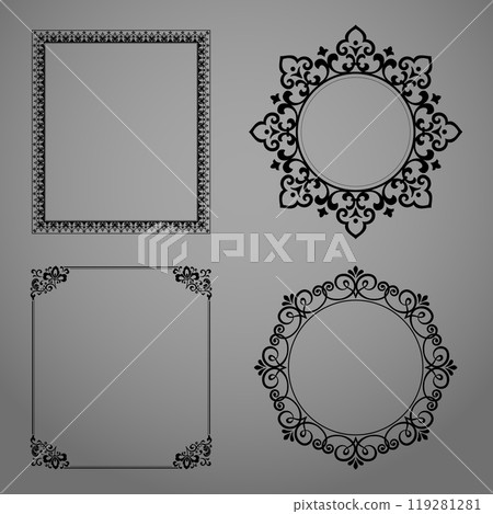 Set of decorative frames Elegant vector element for design in Eastern style, place for text. Floral black and gray borders. Lace illustration for invitations and greeting cards Set of decorative frames Elegant vector element for design in Eastern style, place for text. Floral black and gray borders. Lace illustration for invitations and greeting cards 119281281
