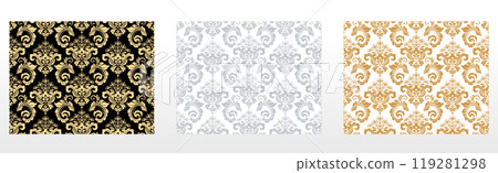 Wallpapers in the style of Baroque. Seamless vector backgrounds. Set of colored floral ornaments. Graphic patterns for fabric, wallpaper, packaging. Ornate Damask flower ornaments 119281298