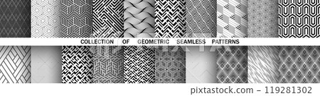Geometric set of seamless black and white patterns. Simple vector graphics. Geometric set of seamless black and white patterns. Simple vector graphics. 119281302
