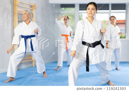 Athletes have starting position and repeating sequence of punches and painful techniques in kata 119281303