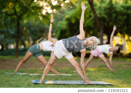 Elderly woman doing yoga in park 119281321