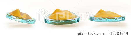 3d set of sand island on blue water of sea or ocean cartoon render icon. Tropical beach landscape, small round isle with desert or dune texture, isolated land piece with sandy shore. 3D illustration 119281349