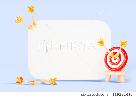 3d business target cartoon banner frame. Render blank white board and darts icon with arrows in bullseye. Whiteboard template for work strategy presentation, achievement goal, success. 3D illustration 119281413