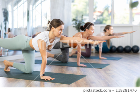 Athletic girls doing yoga in fitness club - doing body stretching in dog pose Athletic girls doing yoga in fitness club - doing body stretching in dog pose 119281470