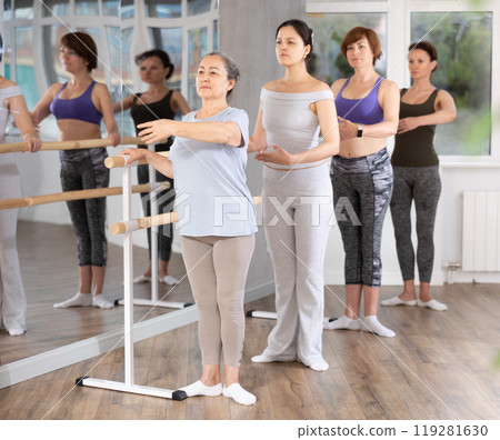 Group of women stand in first position at barre Group of women stand in first position at barre 119281630