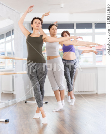 Group of women beginners practicing at ballet barre Group of women beginners practicing at ballet barre 119281680