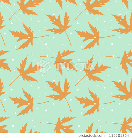 Snowflakes and oak gold leaves pattern on mint green background. Snowflakes and oak gold leaves pattern on mint green background. 119281864