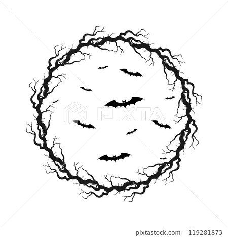 Circle of branches with bats in the middle on a white background, element design Halloween. 119281873