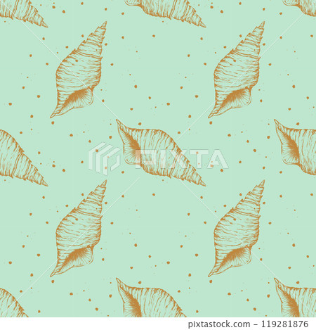 Seashells on mint green background, golden outline pattern of seashells on the seabed. 119281876