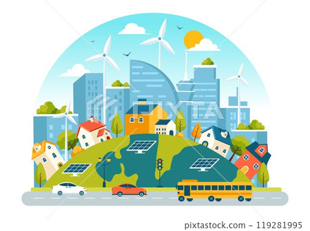Energy Efficiency in the City Vector Illustration Featuring a Sustainable Environment with Electricity Generated from Solar and Wind Power Energy Efficiency in the City Vector Illustration Featuring a Sustainable Environment with Electricity Generated from Solar and Wind Power 119281995