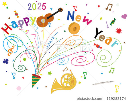 Illustration of a New Year's greeting for 2025. Celebrating the New Year at a party. 119282174