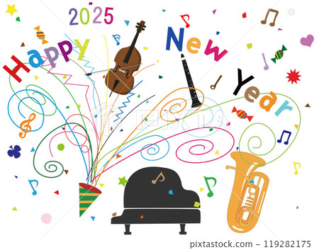 這是2025年新年祝福的插畫素材。透過聚會慶祝新年。 119282175
