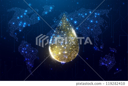 A drop of oil with a map of the globe. The price of oil is falling or growth concept with glowing low poly drop oil. Futuristic modern abstract background. Vector illustration A drop of oil with a map of the globe. The price of oil is falling or growth concept with glowing low poly drop oil. Futuristic modern abstract background. Vector illustration 119282410