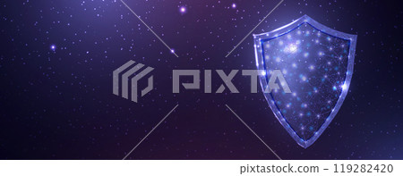 Guard shield. Cyber security concept with glowing wireframe low poly shield. Abstract futuristic vector illustration. Guard shield. Cyber security concept with glowing wireframe low poly shield. Abstract futuristic vector illustration. 119282420