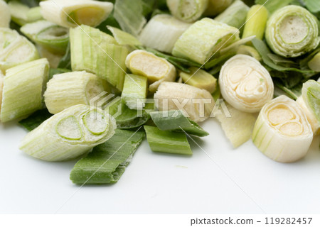 Close-up of freeze-dried chopped leeks Close-up of freeze-dried chopped leeks 119282457