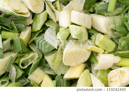 Close-up of freeze-dried chopped leeks Close-up of freeze-dried chopped leeks 119282495