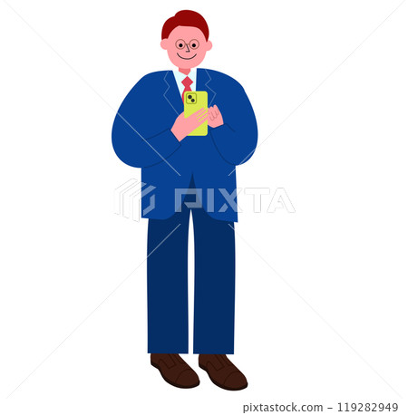 Full-body illustration of a man wearing glasses and a suit operating a smartphone Full-body illustration of a man wearing glasses and a suit operating a smartphone 119282949