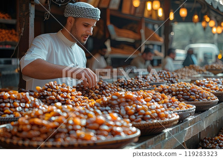Man is working in a market with a large amount of dates on display 119283323