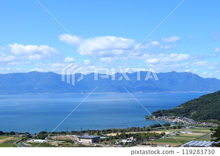 Chomyoji Port and the mountain ranges west of the lake as seen from Mt. Hachiman 119283730