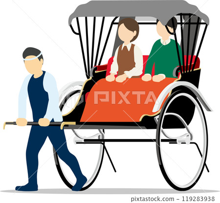 Men and women enjoying sightseeing in a rickshaw 119283938