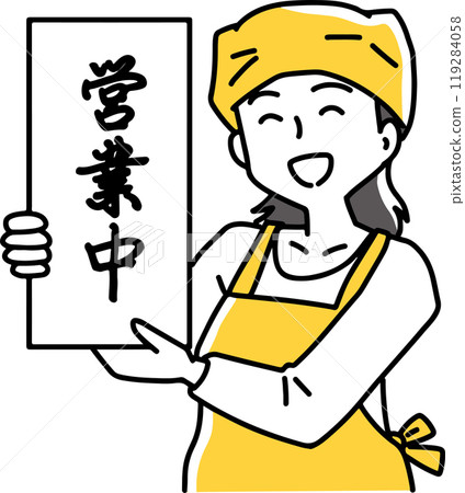 A female store clerk showing an open sign A female store clerk showing an open sign 119284058