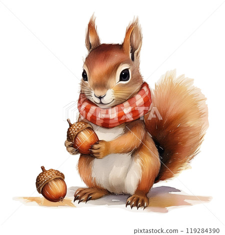 Illustration 4 of a squirrel wearing a neck warmer holding an acorn / flyer or poster material Illustration 4 of a squirrel wearing a neck warmer holding an acorn / flyer or poster material 119284390
