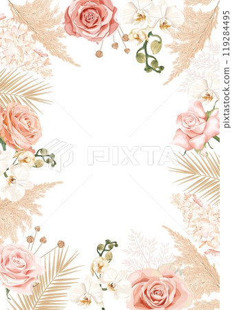 A wedding vector frame with flowers pink roses, white orchids, delicate hydrangeas, dried palm leaves and reed. 119284495