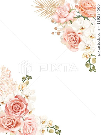 A wedding vector frame with flowers pink roses, white orchids, delicate hydrangeas, dried palm leaves. A wedding vector frame with flowers pink roses, white orchids, delicate hydrangeas, dried palm leaves. 119284500