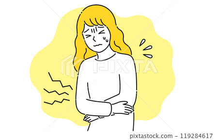 Abdominal pain, menstrual pain, sick young woman, simple and pop vector illustration Abdominal pain, menstrual pain, sick young woman, simple and pop vector illustration 119284617