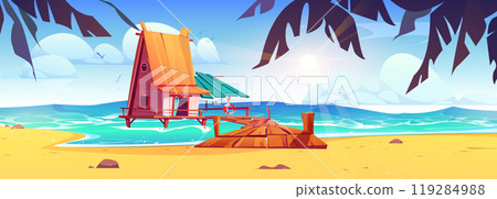 Fisherman house with pier on beach 119284988