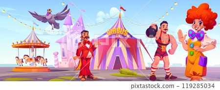 Circus or carnival artists in amusement park. 119285034