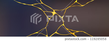 Golden kintsugi crack pattern on gray background Golden kintsugi crack pattern on gray background 119285058