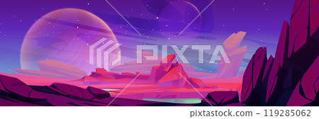 Alien planet landscape with rocky surface and lake Alien planet landscape with rocky surface and lake 119285062