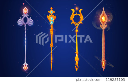 Fantasy scepter with glowing neon gems and smoke. 119285103