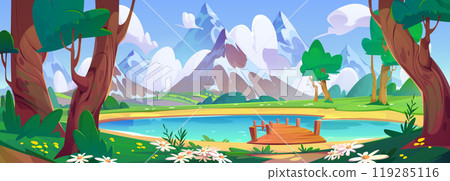Blue lake with wooden pier and mountain view Blue lake with wooden pier and mountain view 119285116
