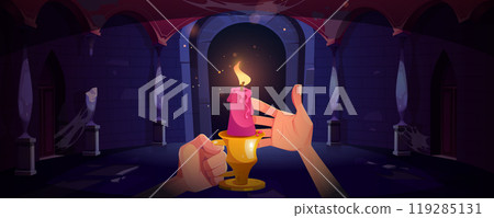 Burning candle in human hands in castle hall 119285131