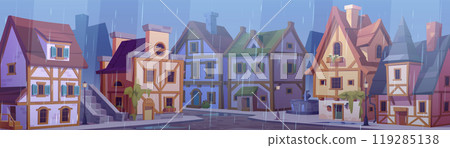Medieval german city street with houses at rain. Medieval german city street with houses at rain. 119285138