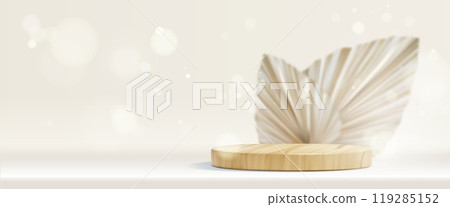 3D wooden platform on beige wall background 119285152