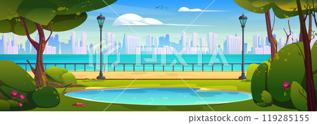 Summer day on city promenade with lake 119285155
