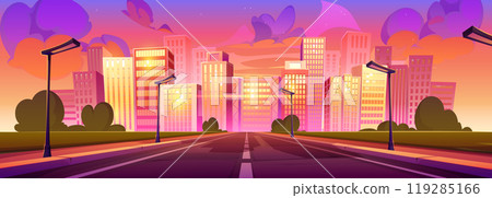 Modern city highway in lights of morning sunrise 119285166