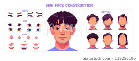Young oriental man face construction kit. 119285190