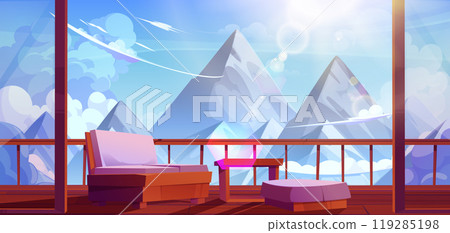 Wooden terrace with mountain view above clouds 119285198
