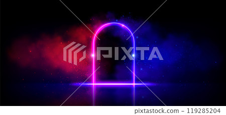 Arch door frame with glowing neon effect and steam Arch door frame with glowing neon effect and steam 119285204