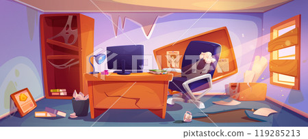 Abandoned and broken detective bureau room 119285213