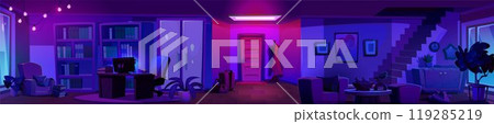 Panoramic home interior at night. Panoramic home interior at night. 119285219