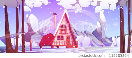 Cartoon winter snowy landscape with wooden house 119285234