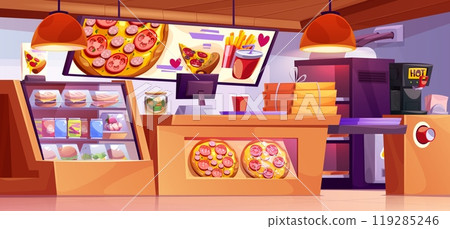 Pizzeria interior with furniture and equipment. Pizzeria interior with furniture and equipment. 119285246