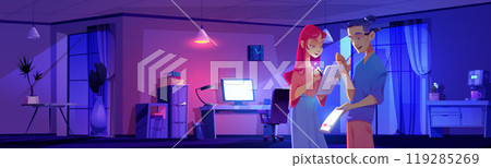 Girl in night home office room interior for work Girl in night home office room interior for work 119285269